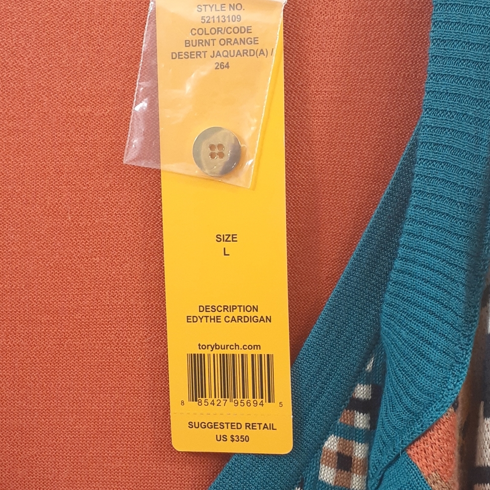Tory Burch Orange & Teal Patterned Cardigan Sweater - Picture 7 of 9